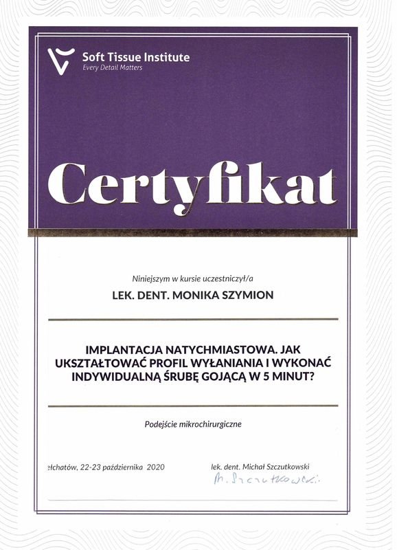 Certyfikat: Implantacja natychmiastowa
