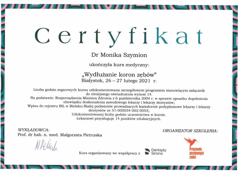 Certyfikat: Wydłużanie koron zębów